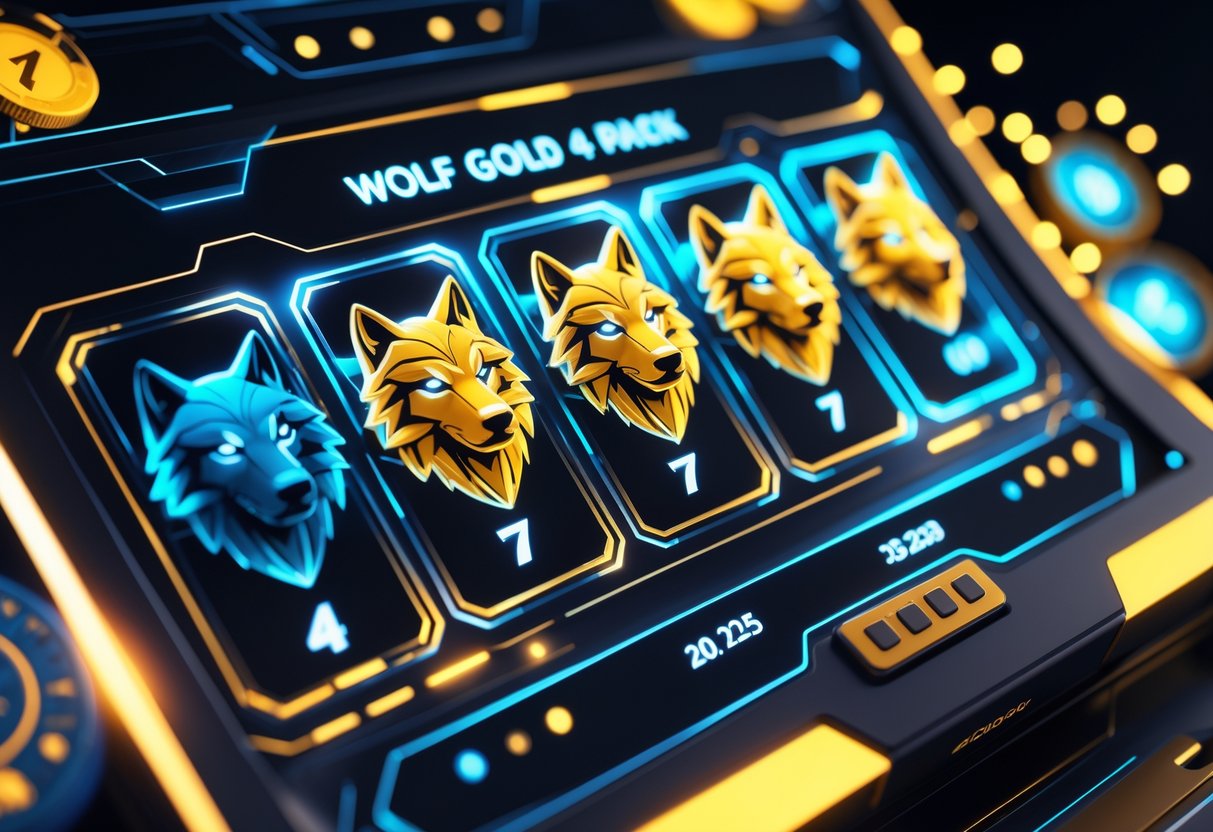 Ilustrasi empat ikon serigala emas di layar permainan modern dengan efek kilau dan simbol kemenangan di latar belakang.