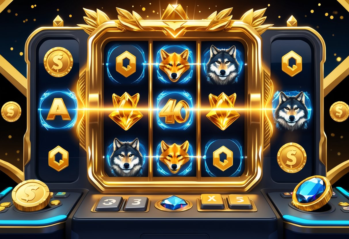 Ilustrasi mesin slot bertema serigala dengan empat gulungan yang menyala dan simbol emas, menggambarkan pola kemenangan dalam permainan Wolf Gold 4 Pack™.