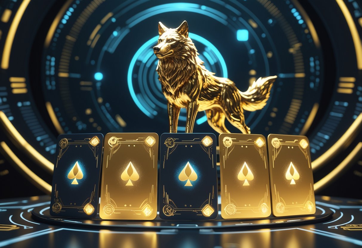 Ilustrasi empat kartu emas dengan sosok serigala berkilau di latar belakang, menggambarkan pola kemenangan yang efektif pada tahun 2025.