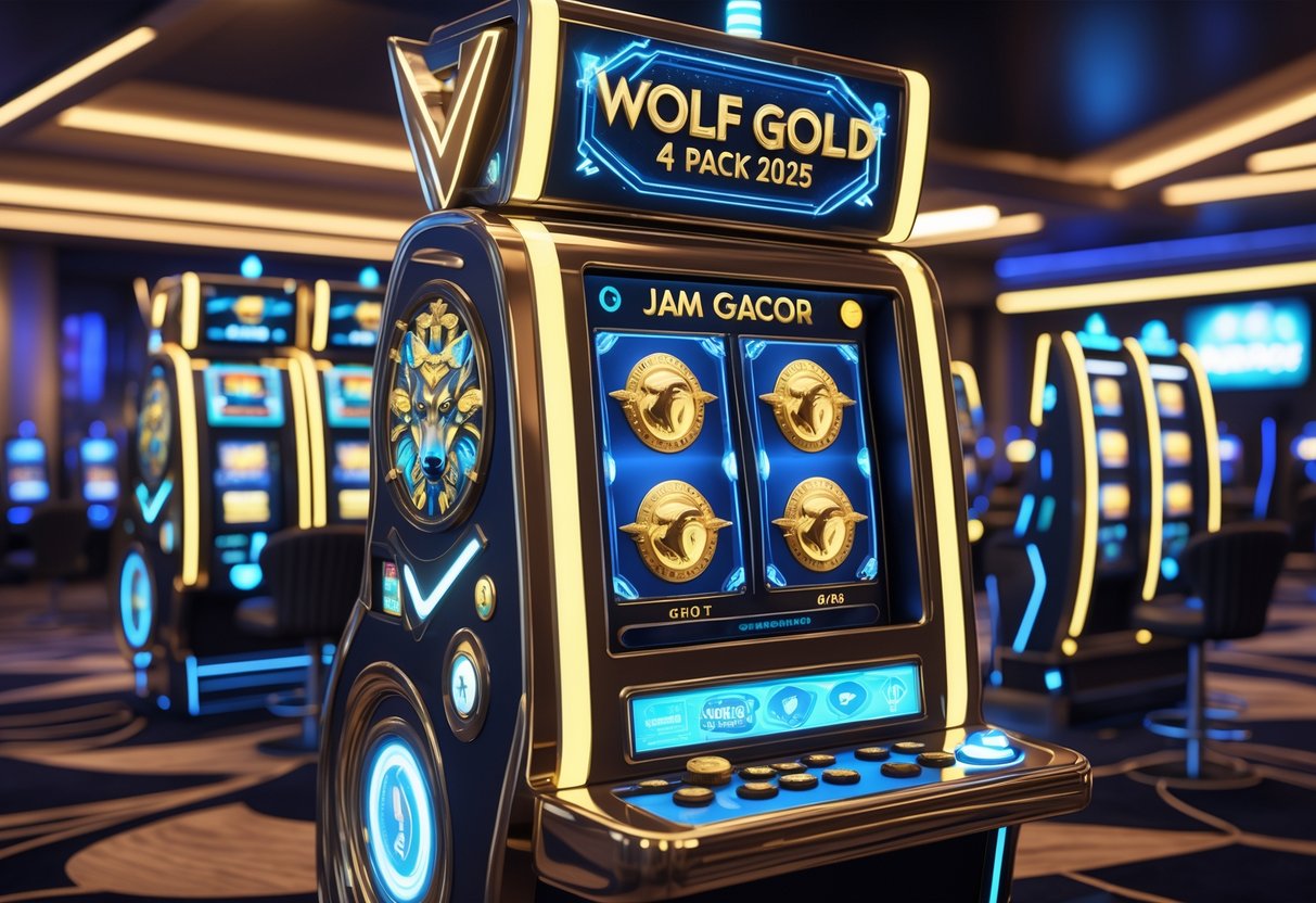 Sebuah mesin slot futuristik dengan empat gulungan berwarna cerah dan seorang pemain yang merayakan kemenangan di latar kasino modern.