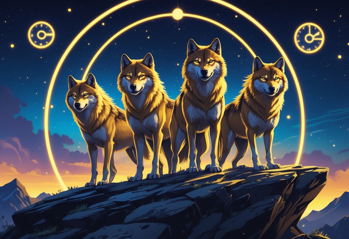 Empat serigala emas berdiri di atas batu dengan latar langit malam bercahaya dan pola berputar serta jam yang bersinar di belakang mereka.
