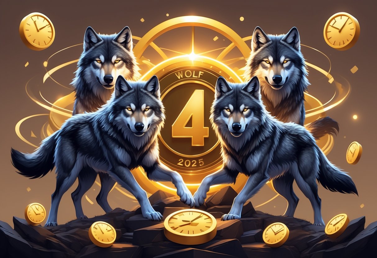Empat serigala mengelilingi lambang emas dengan latar belakang pola putaran dan jam.