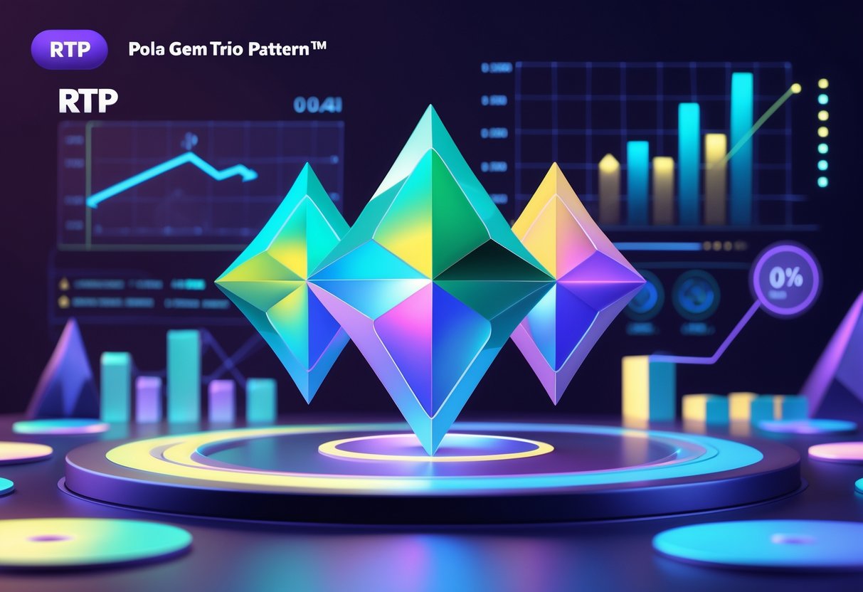 Ilustrasi profesional menampilkan pola tiga permata yang bersinar dengan grafik dan data statistik di latar belakang.
