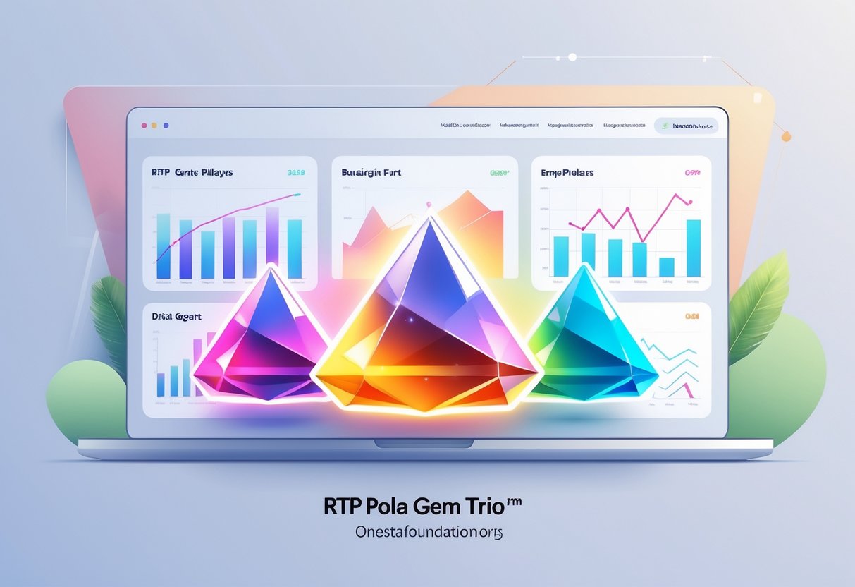 Ilustrasi profesional yang menampilkan tiga ikon permata berwarna cerah dan grafik data di latar belakang yang menunjukkan analisis pola dan statistik RTP.