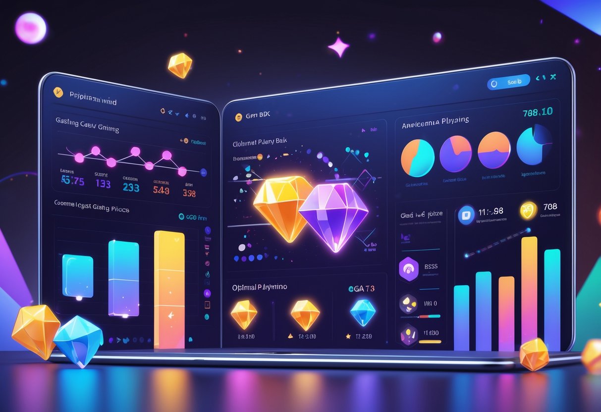 Ilustrasi profesional menampilkan dashboard statistik permainan dengan grafik, ikon permata yang saling terhubung, dan elemen visual yang menunjukkan strategi dan kombinasi terbaik.