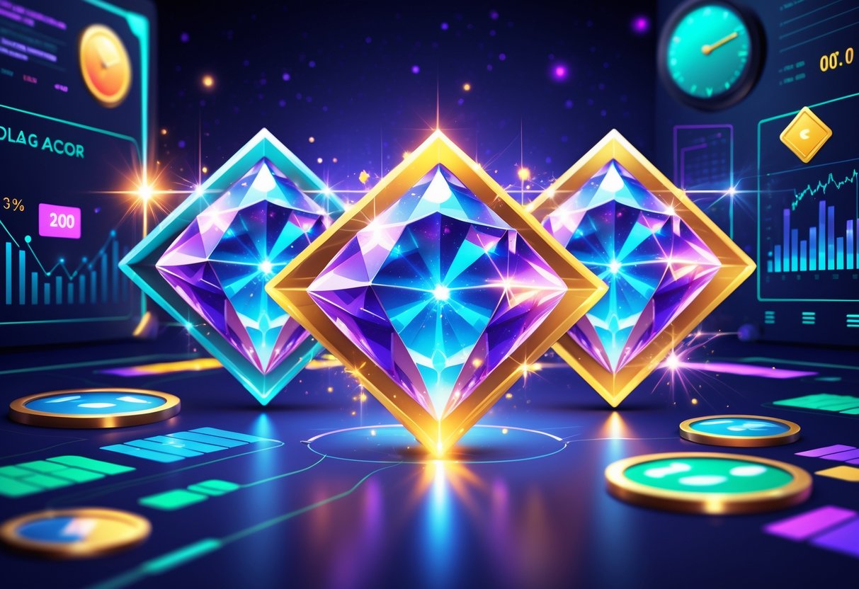 Ilustrasi tiga permata bercahaya dengan grafik statistik dan jam di latar belakang.