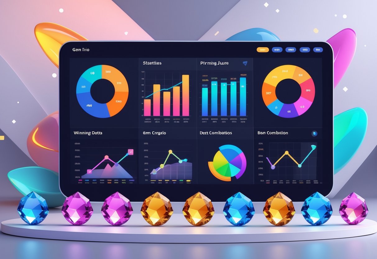Dashboard digital dengan grafik dan ikon permata berwarna yang menggambarkan statistik kemenangan dan pola permainan Gem Trio™.