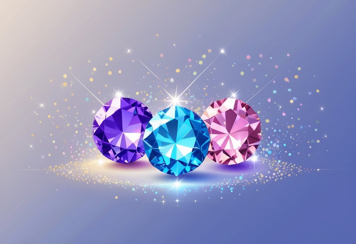 Ilustrasi tiga permata berkilau yang dikelilingi pola titik warna-warni yang tersebar di latar belakang gradasi biru dan ungu.
