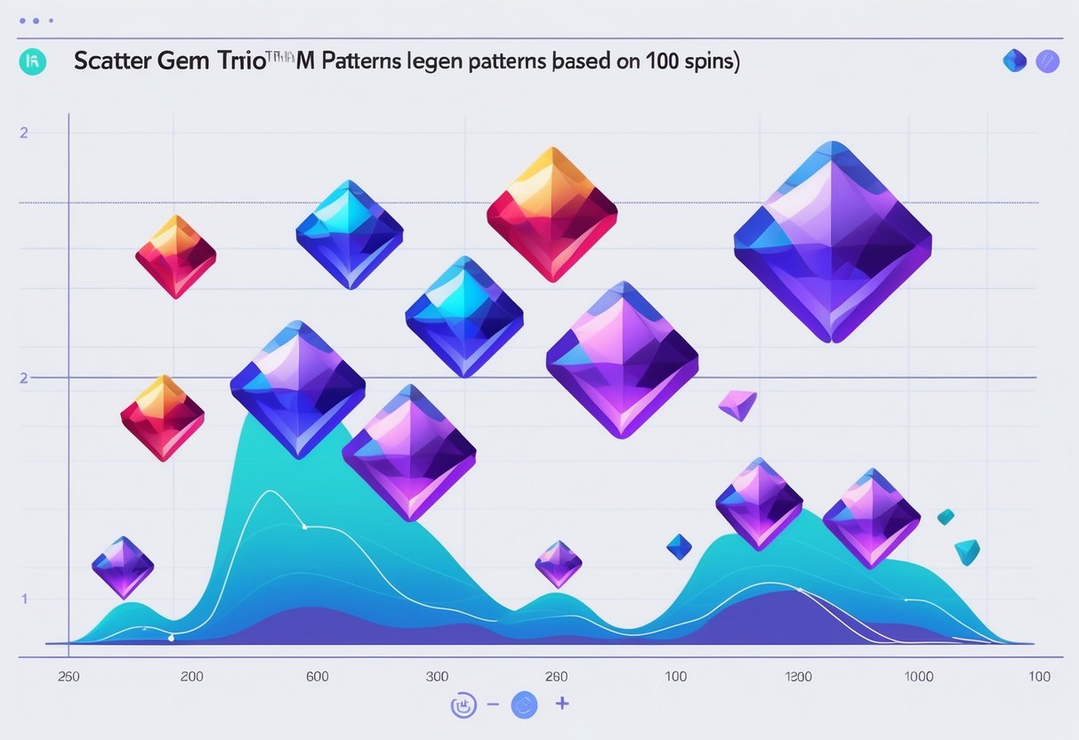 Ilustrasi profesional yang menampilkan grafik sebar dengan kelompok tiga permata berwarna-warni yang menunjukkan pola-pola yang sering muncul berdasarkan seribu putaran.