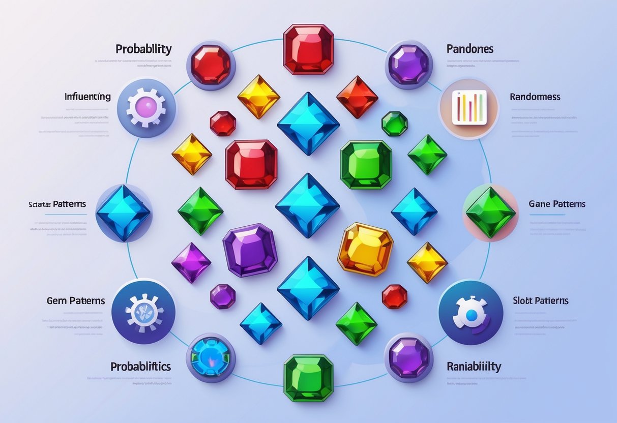 Ilustrasi pola scatter dari permainan Gem Trio™ dengan ikon permata berwarna-warni dan simbol yang menggambarkan faktor-faktor yang mempengaruhi pola tersebut.