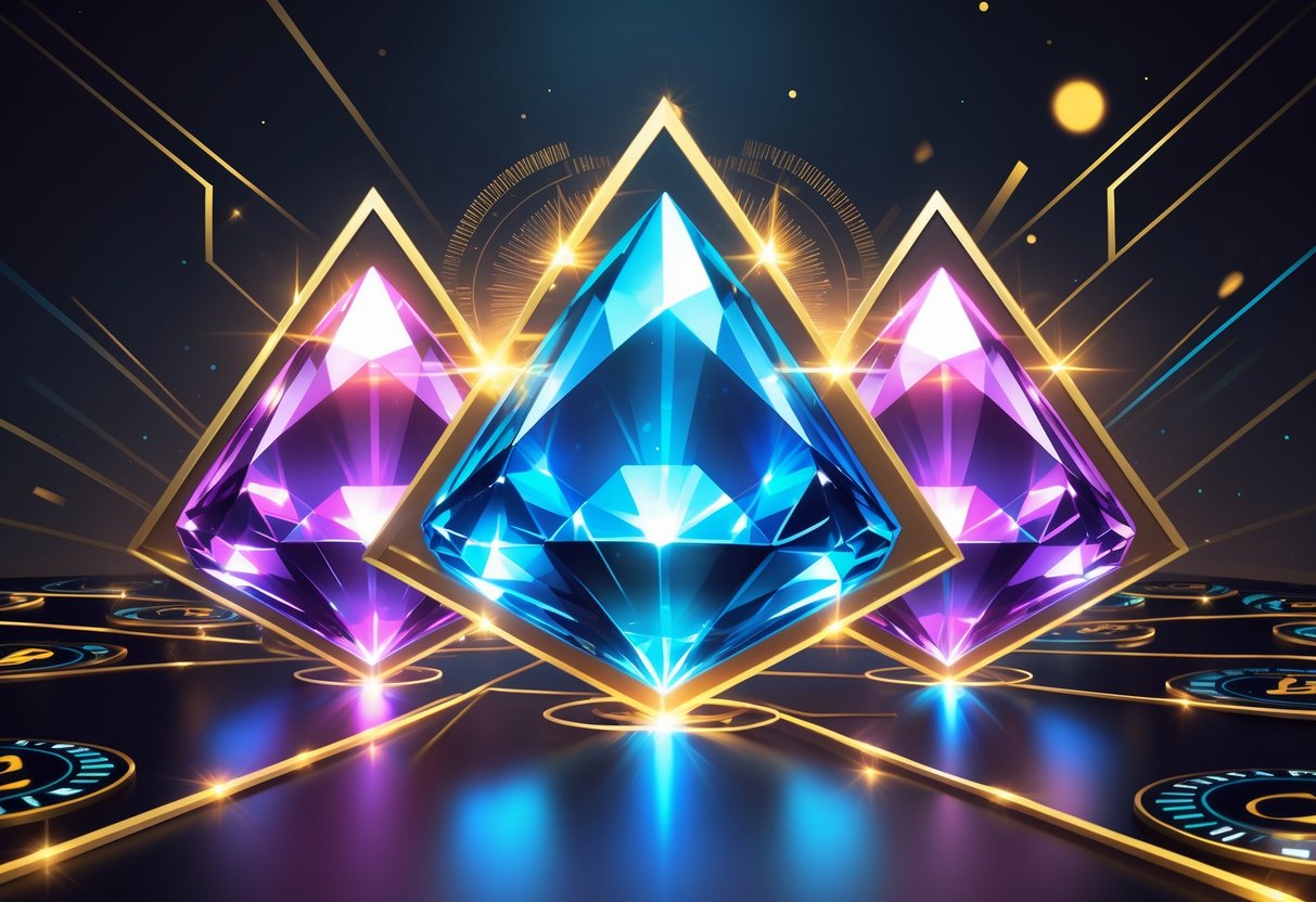 Ilustrasi tiga batu permata besar yang bersinar dengan latar belakang gulungan mesin slot yang berputar dan pola abstrak di sekitarnya.