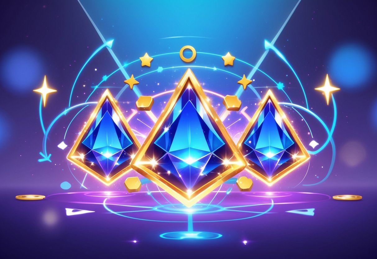 Tiga permata besar yang bersinar dengan simbol-simbol keberuntungan dan pola yang terhubung di latar belakang berwarna biru dan ungu.