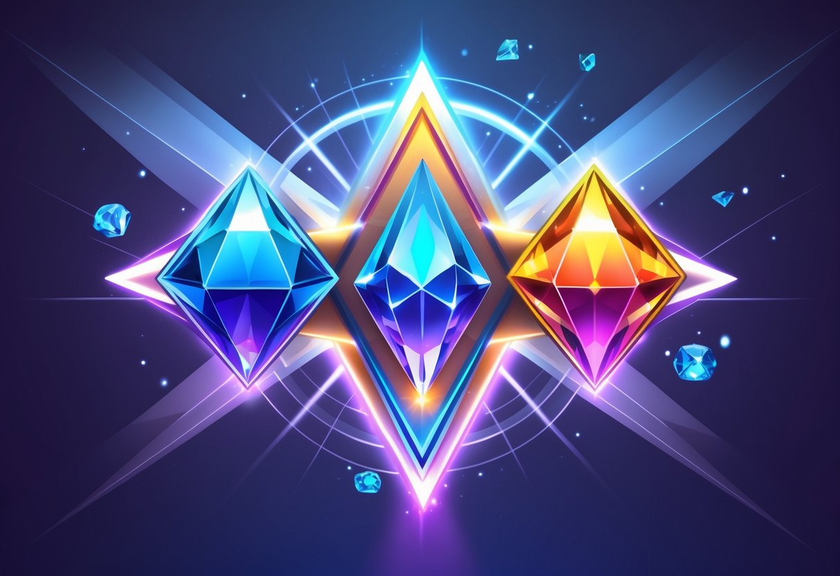 Ilustrasi tiga simbol unik yang tersusun membentuk pola segitiga dengan efek cahaya dan ikon freespin mengelilingi, menggambarkan kombinasi rahasia pola Maxwin Gem Trio.