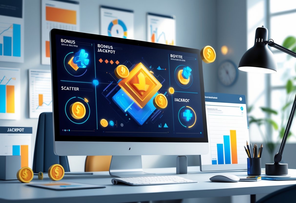 Sebuah ilustrasi profesional yang menunjukkan lingkungan riset digital dengan layar komputer menampilkan simbol bonus, scatter, dan jackpot dalam suasana kantor modern.