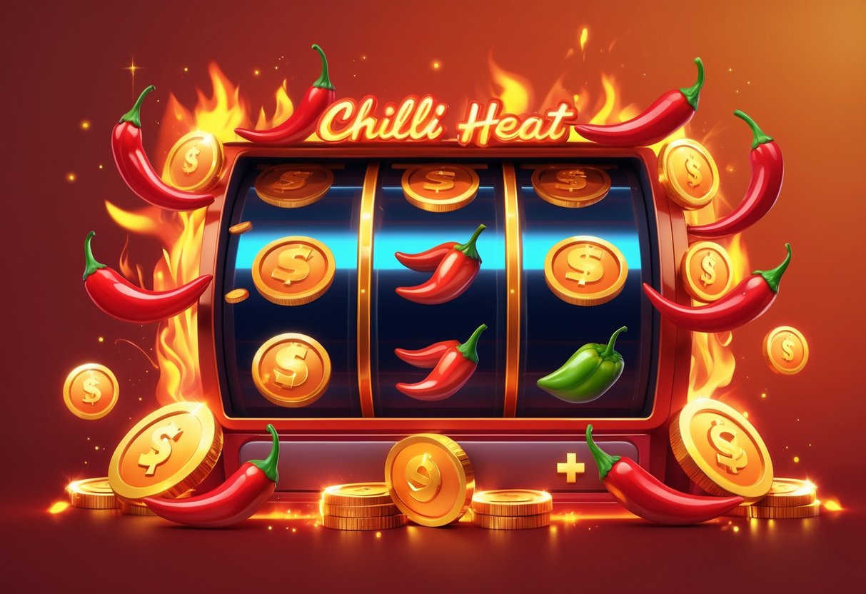 Ilustrasi mesin slot dengan cabai merah, koin emas, dan simbol bonus yang berkilau di latar belakang berwarna merah dan oranye.