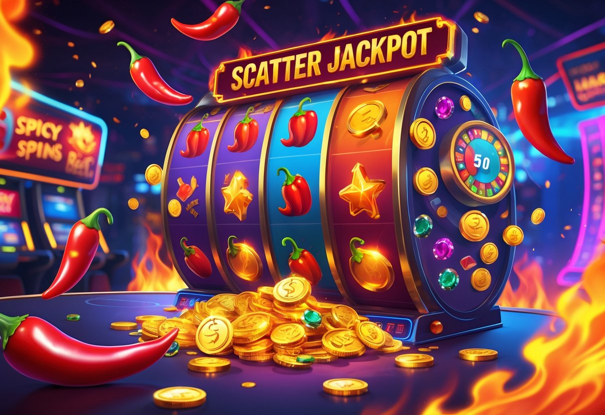 Ilustrasi mekanisme fitur Scatter dan Jackpot dalam permainan slot Chilli Heat Spicy Spins dengan cabai menyala, simbol Scatter berkilau di gulungan, dan peti harta karun penuh koin.
