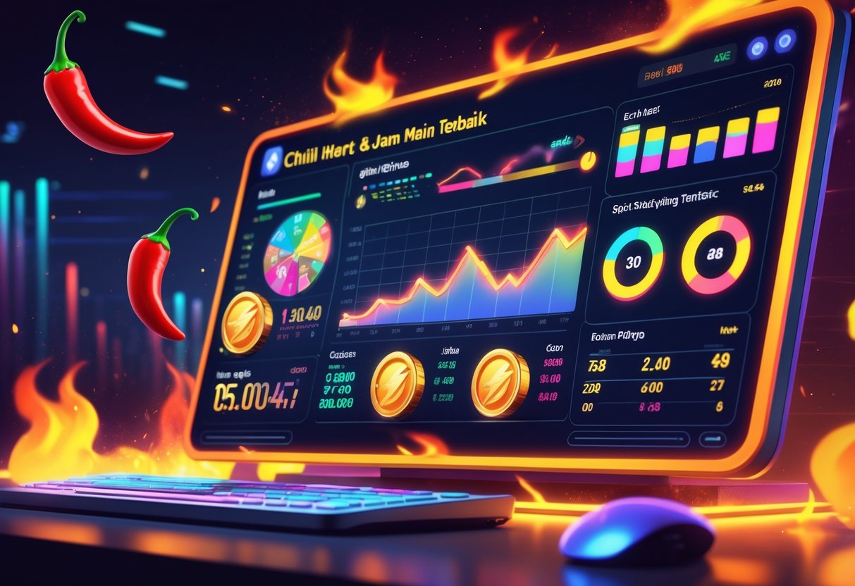 Antarmuka digital dengan grafik warna-warni, ikon cabai pedas, dan elemen mesin slot yang berputar, menampilkan statistik dan waktu bermain terbaik.