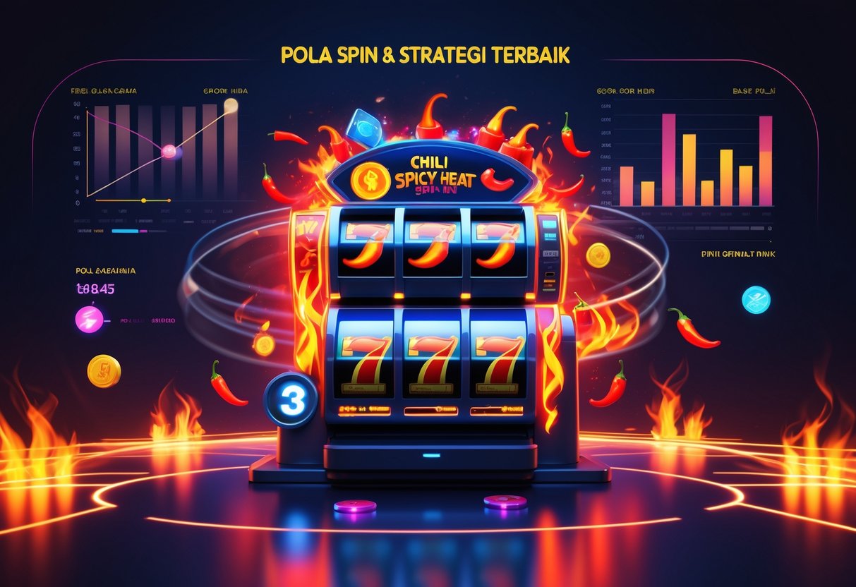 Ilustrasi mesin slot dengan motif cabai menyala, menampilkan gulungan berputar dan grafik statistik bermain terbaik.