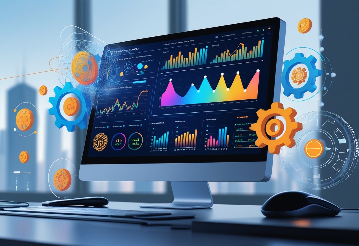 A modern workspace with a computer showing colorful graphs and digital icons representing AI technology, set against a city skyline background.