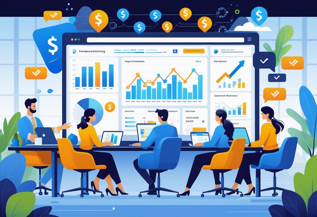 A team of professionals working together in a modern office with screens showing charts and Amazon product listings, representing expert digital advertising management.