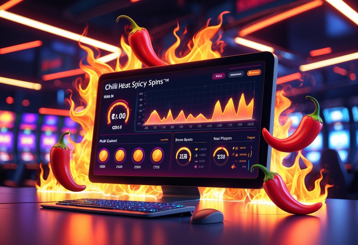 Ilustrasi profesional menampilkan dashboard digital dengan grafik dan data waktu nyata, dikelilingi oleh cabai merah yang mengeluarkan gelombang panas dan api.