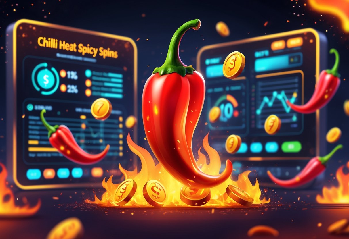 Ilustrasi profesional yang menampilkan suasana permainan slot bertema cabai dengan elemen grafik statistik dan simbol gulungan slot yang menyala.
