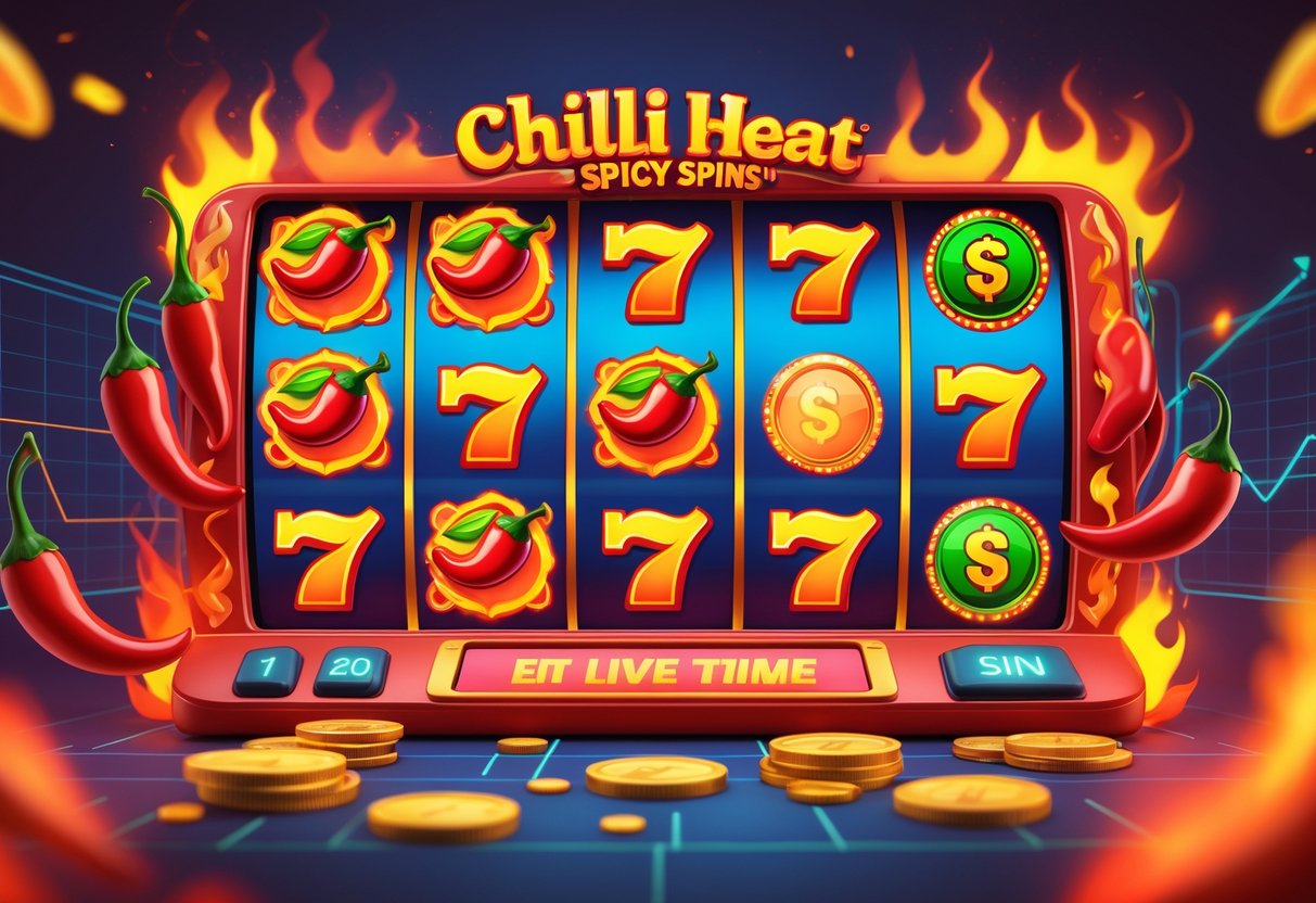 Ilustrasi mesin slot dengan tema cabai pedas, koin emas, dan grafik statistik di latar belakang yang menunjukkan waktu terbaik bermain.