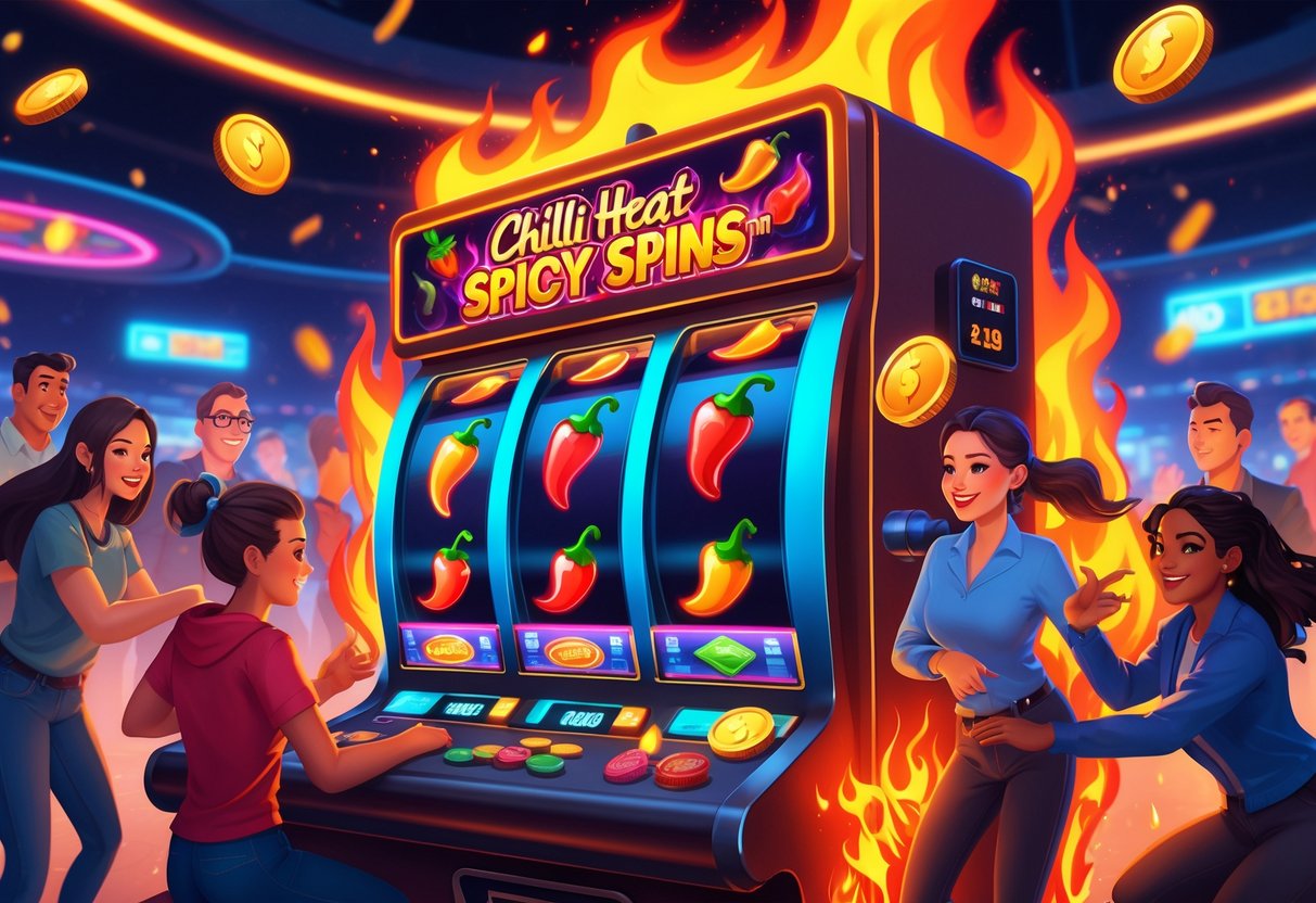 Ilustrasi pemain berbagai tingkat keahlian sedang bermain mesin slot dengan simbol cabai dan api yang menyala, di lingkungan kasino yang penuh warna dan semangat.