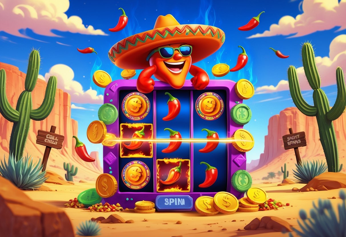 Ilustrasi sebuah mesin slot dengan karakter cabai yang ceria di gurun dengan kaktus dan latar langit cerah.