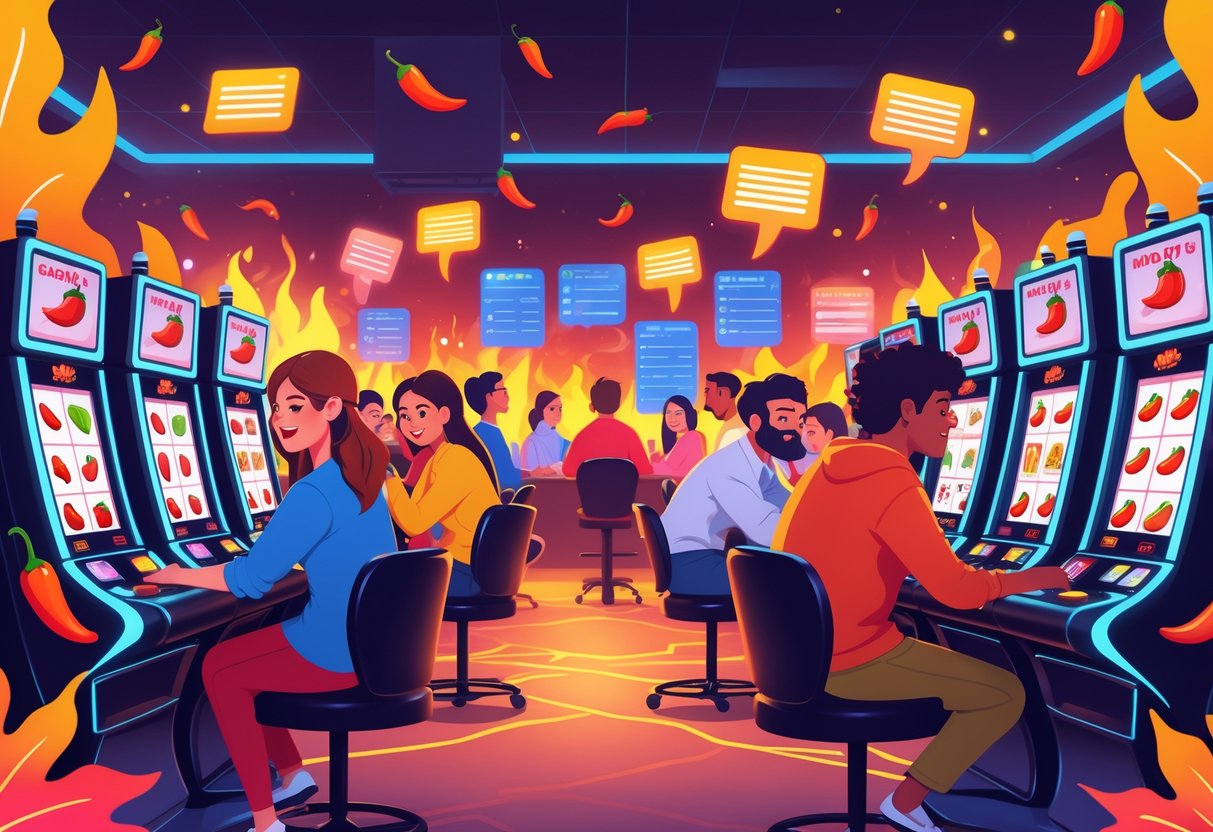 Sekelompok orang bermain mesin slot dengan tema cabai di kasino yang cerah dan ramai, menunjukkan suasana belajar dan bermain dengan antusias.