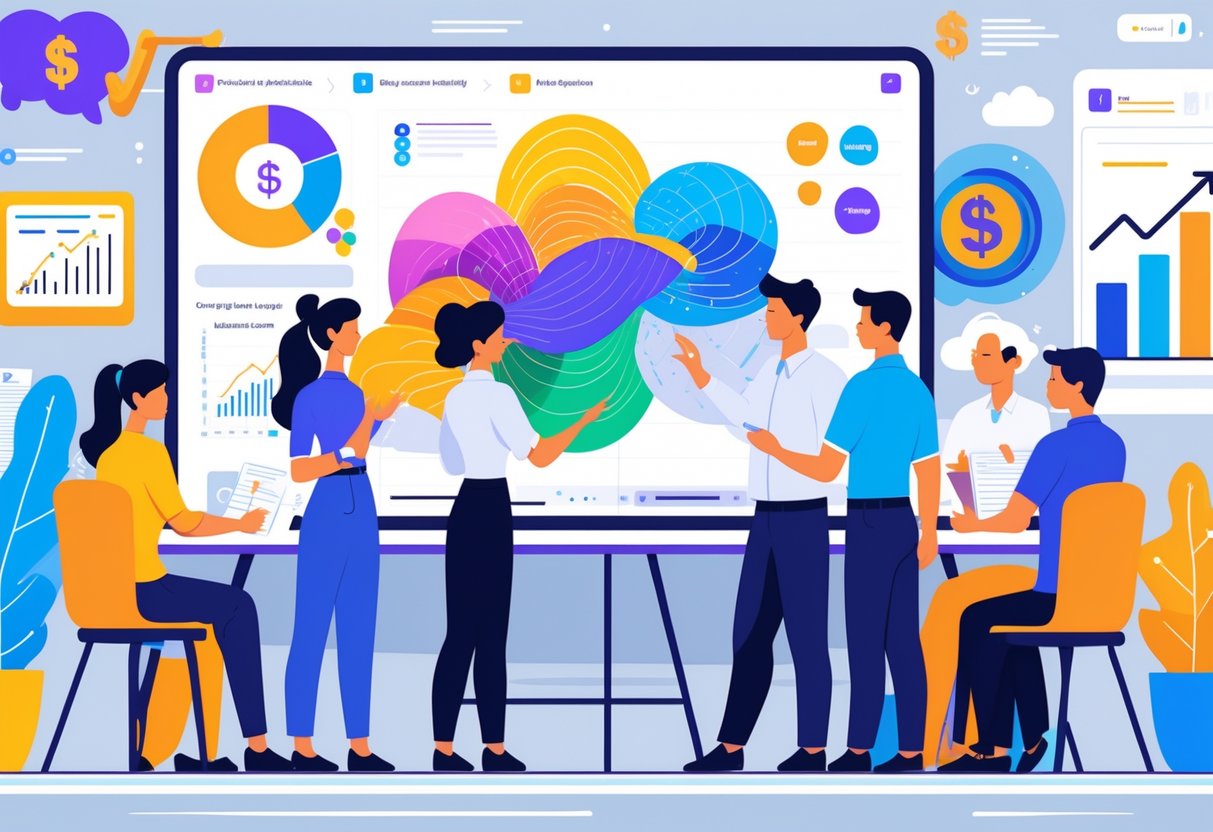 Sekelompok orang sedang belajar bersama di ruang kelas modern dengan layar digital yang menampilkan pola dan grafik, suasana fokus dan kolaboratif.