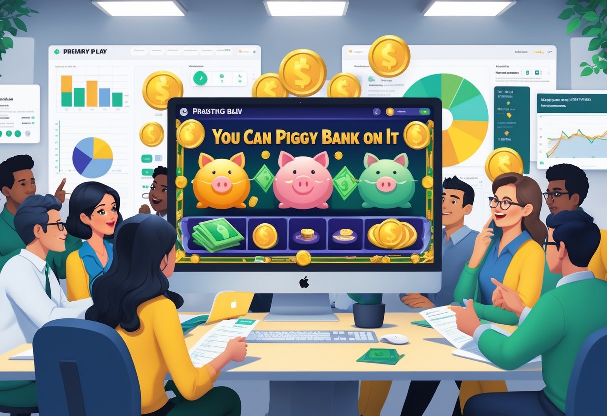 Ilustrasi profesional yang menunjukkan suasana pembelajaran strategi bermain permainan slot You Can Piggy Bank On It™ dengan beberapa orang berkumpul di depan komputer yang menampilkan permainan dan grafik strategi.