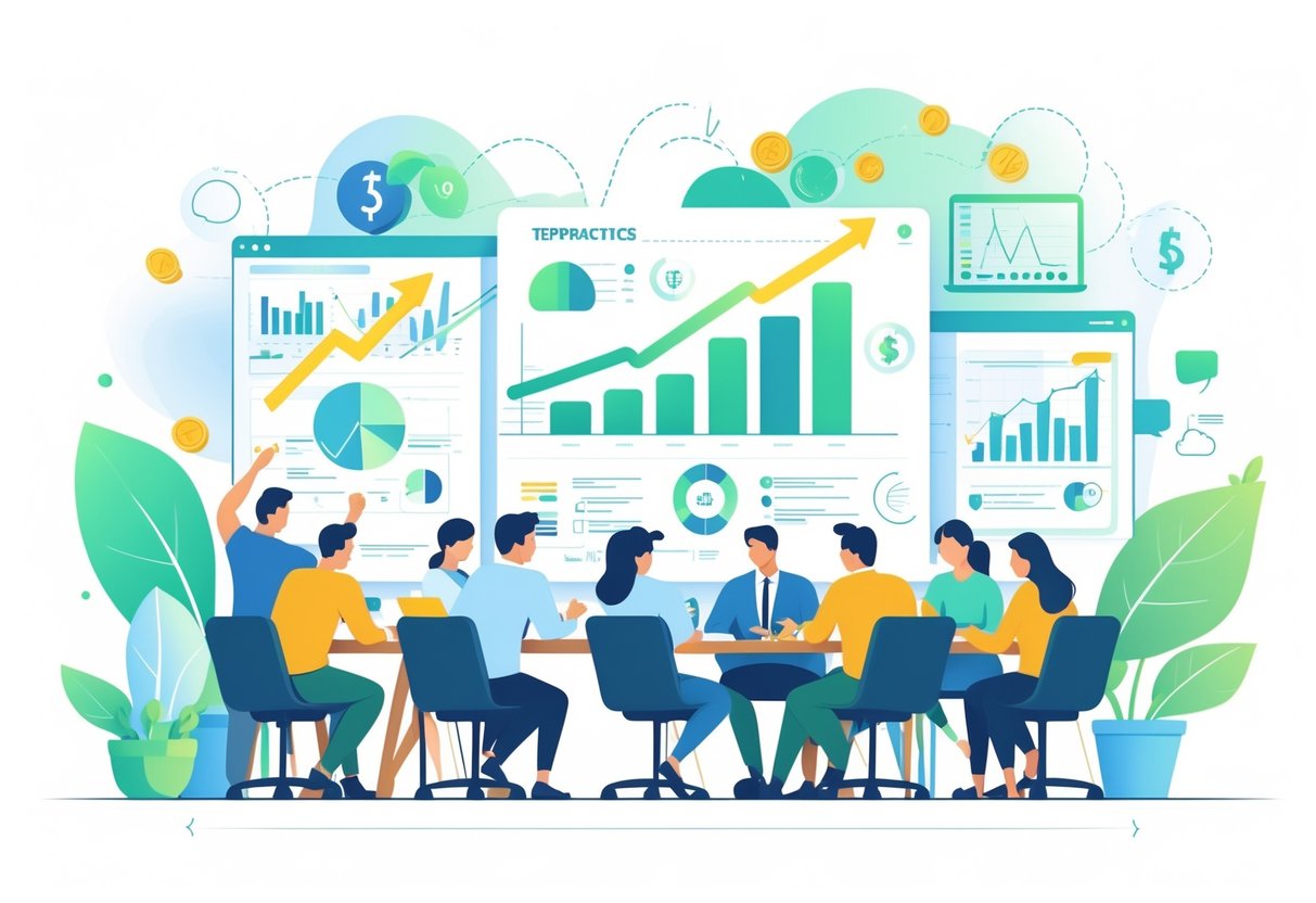Sekelompok orang sedang mengikuti workshop manajemen modal dengan grafik dan simbol keuangan di sekitar mereka.