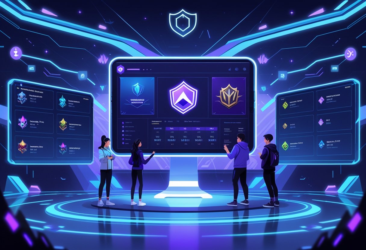 Gamers interacting with a futuristic digital marketplace showing League of Legends account details, including ranks, skins, and rare champions, in a high-tech virtual environment.