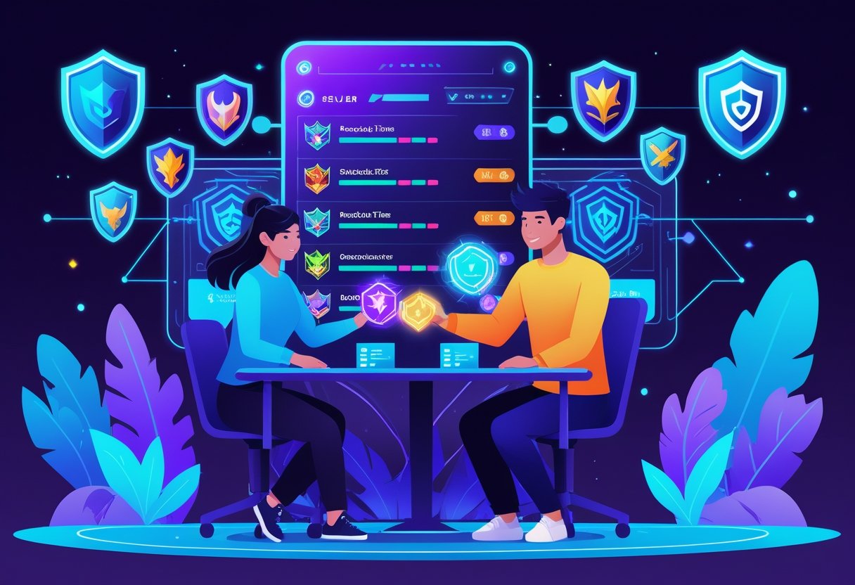 Two people exchanging virtual game items in a futuristic digital marketplace with glowing icons of game characters and security symbols around them.