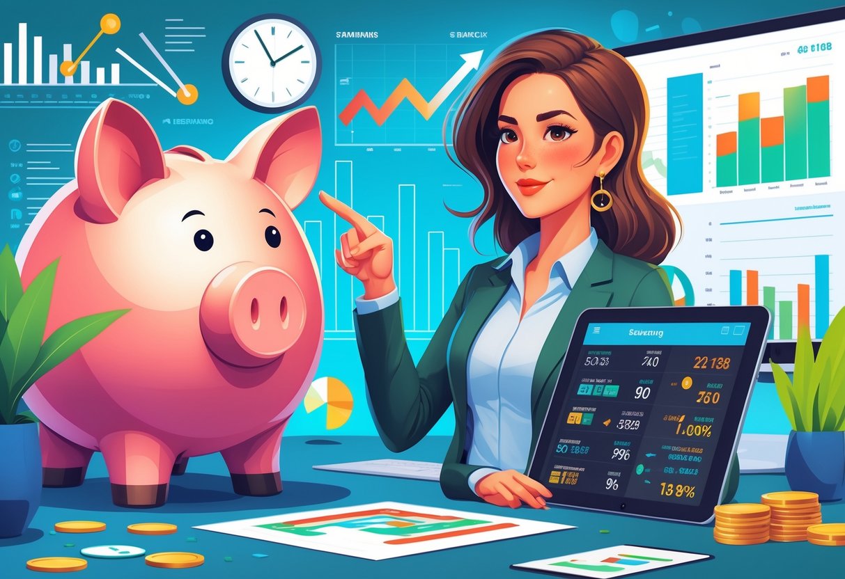 Seorang wanita berdiri di samping celengan babi besar dengan latar belakang ruang kerja modern yang menampilkan grafik dan jam, menunjukkan suasana analisis dan strategi.