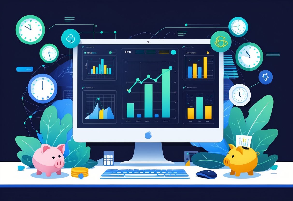 Sebuah ruang kerja modern dengan monitor komputer menampilkan grafik dan data, dikelilingi ikon jam, pion catur, dan celengan babi, menggambarkan analisis pola dan strategi permainan.
