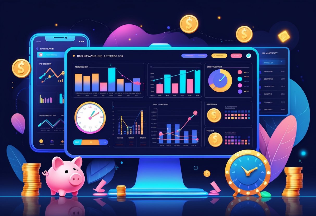 Ilustrasi profesional yang menunjukkan analisis data dan strategi bermain mesin slot dengan grafik, ikon celengan, jam, dan simbol kemenangan.