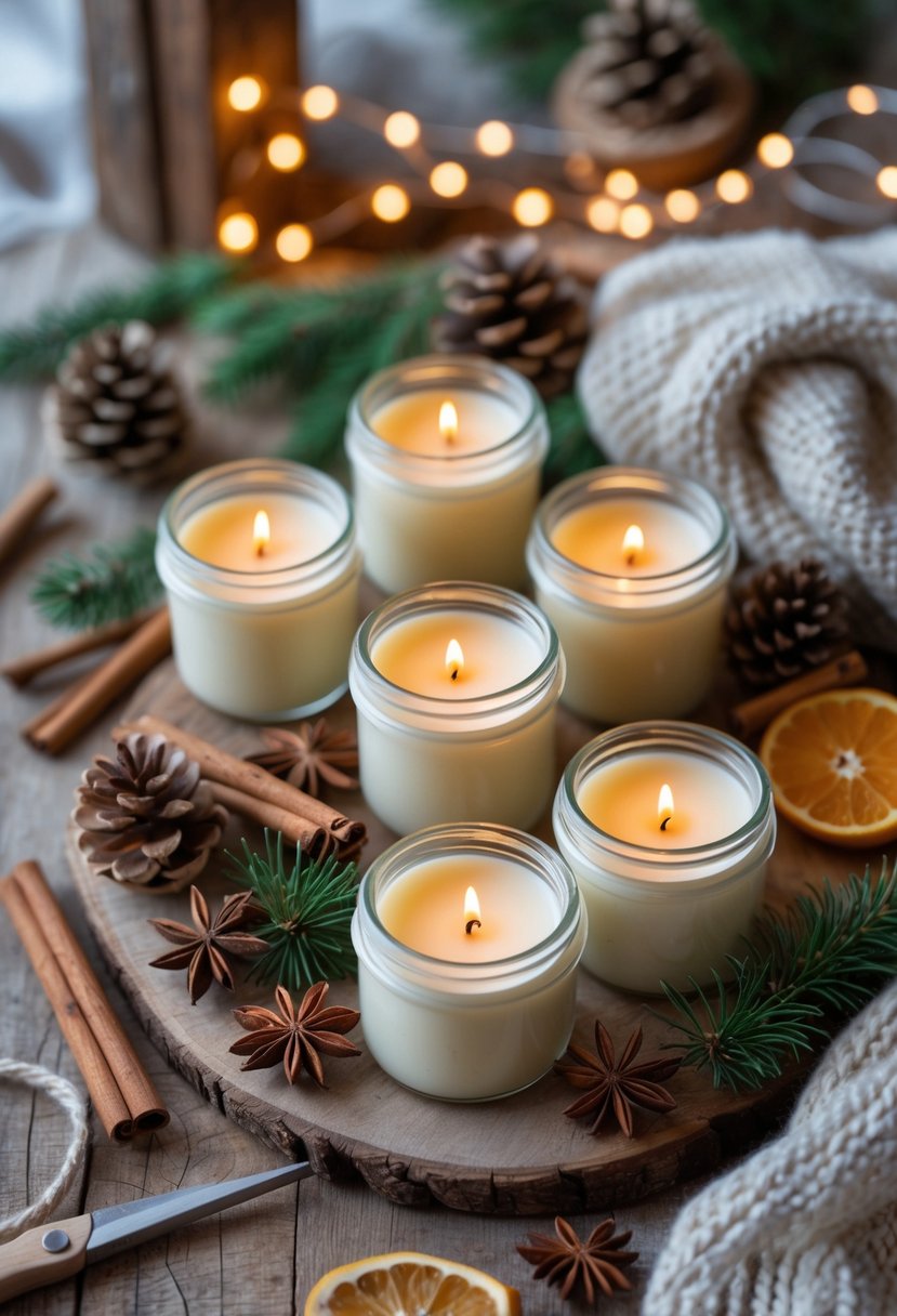 Hand-poured soy candles on a wooden table surrounded by winter decorations and craft supplies.