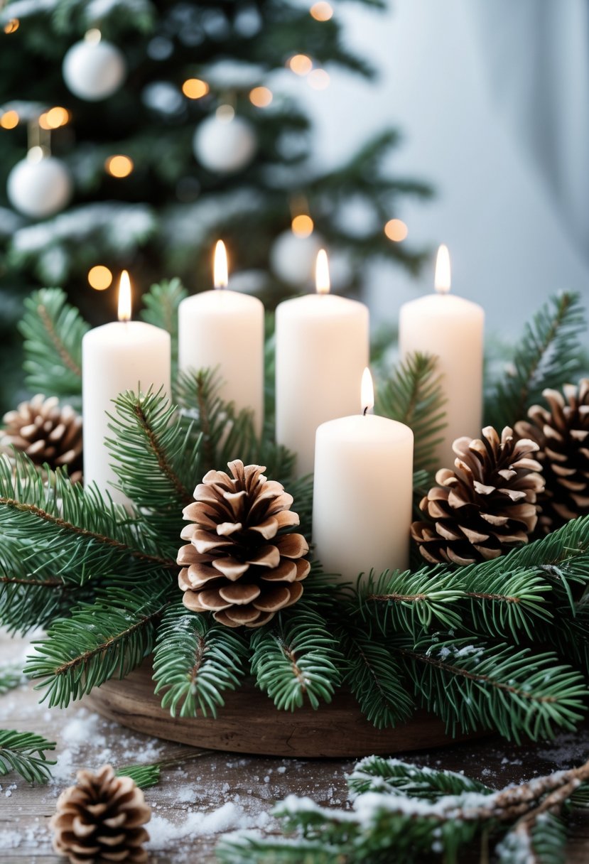 A winter centerpiece with pinecones, evergreen branches, and lit white candles on a wooden table.