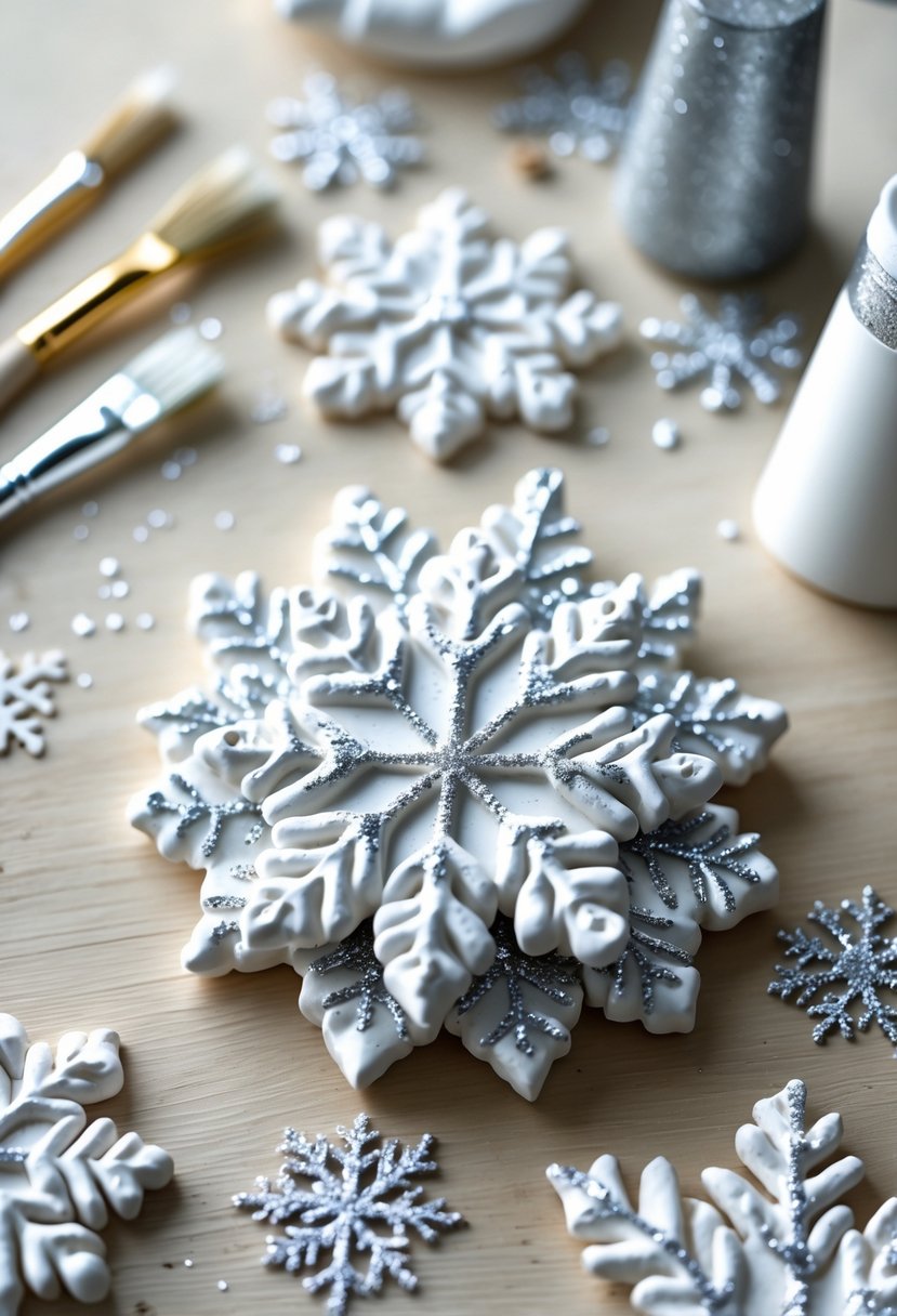 A set of white and silver painted clay snowflake coasters arranged on a wooden surface with paintbrushes and silver glitter nearby.