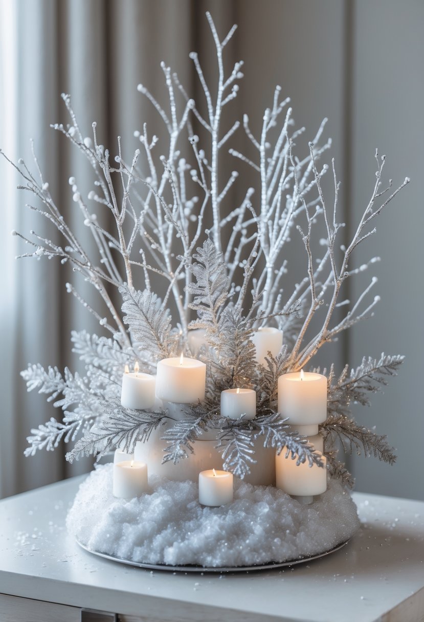 A winter centerpiece arrangement with glittery faux snow and silver branches on a neutral surface.