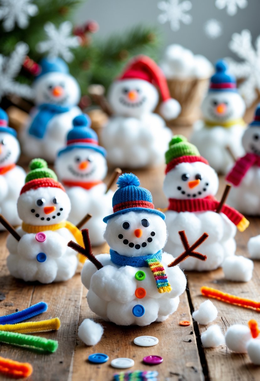 Several small snowmen made from cotton balls with colorful decorations arranged on a table with craft supplies around them.