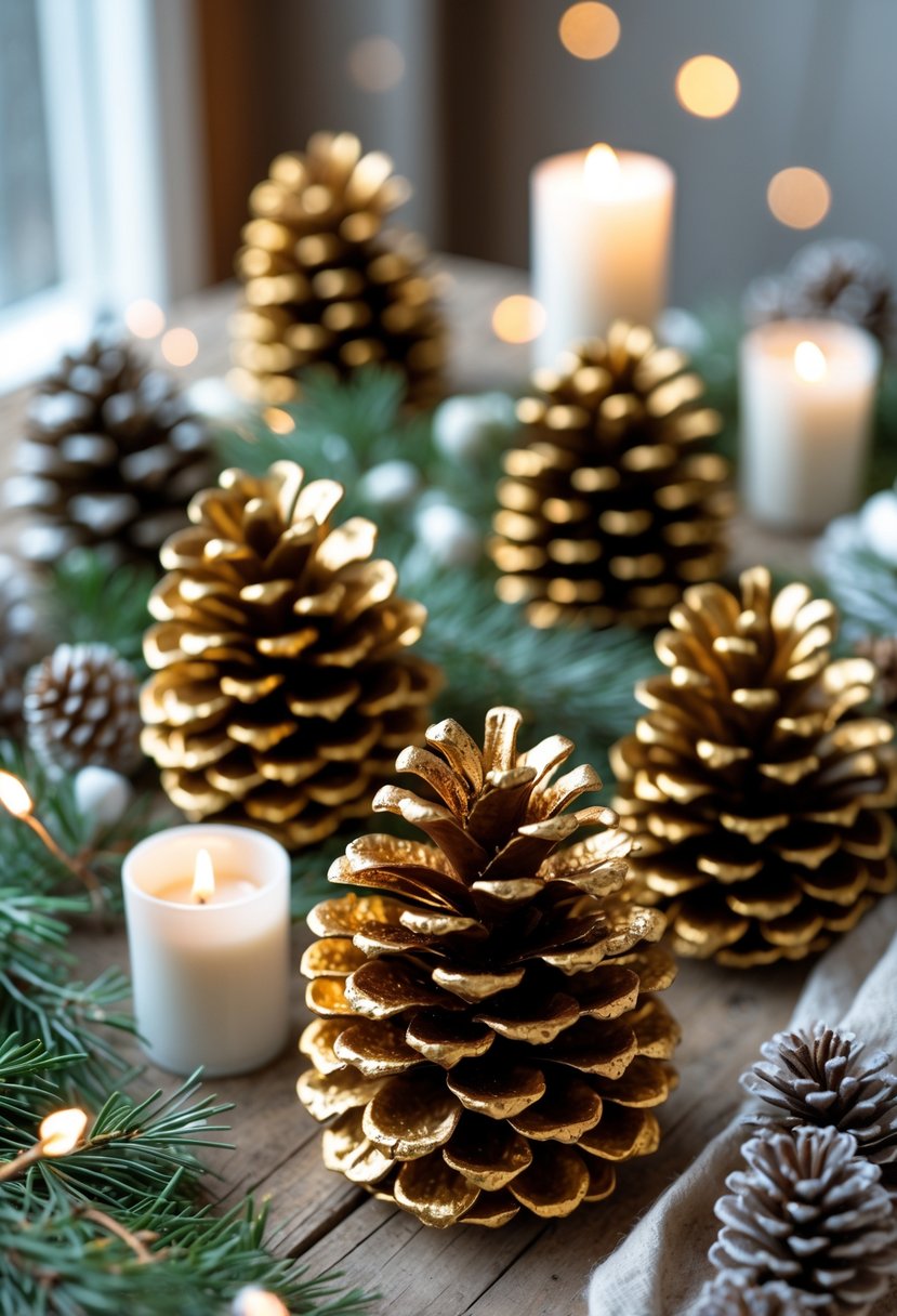 A table with gold-painted pinecone centerpieces surrounded by evergreen branches, candles, and soft lights.