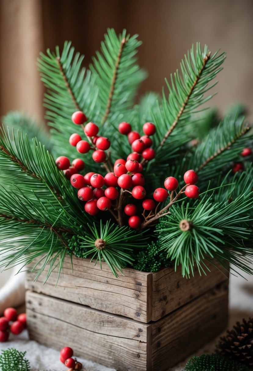 A rustic wooden box filled with green pine needles and red berries.