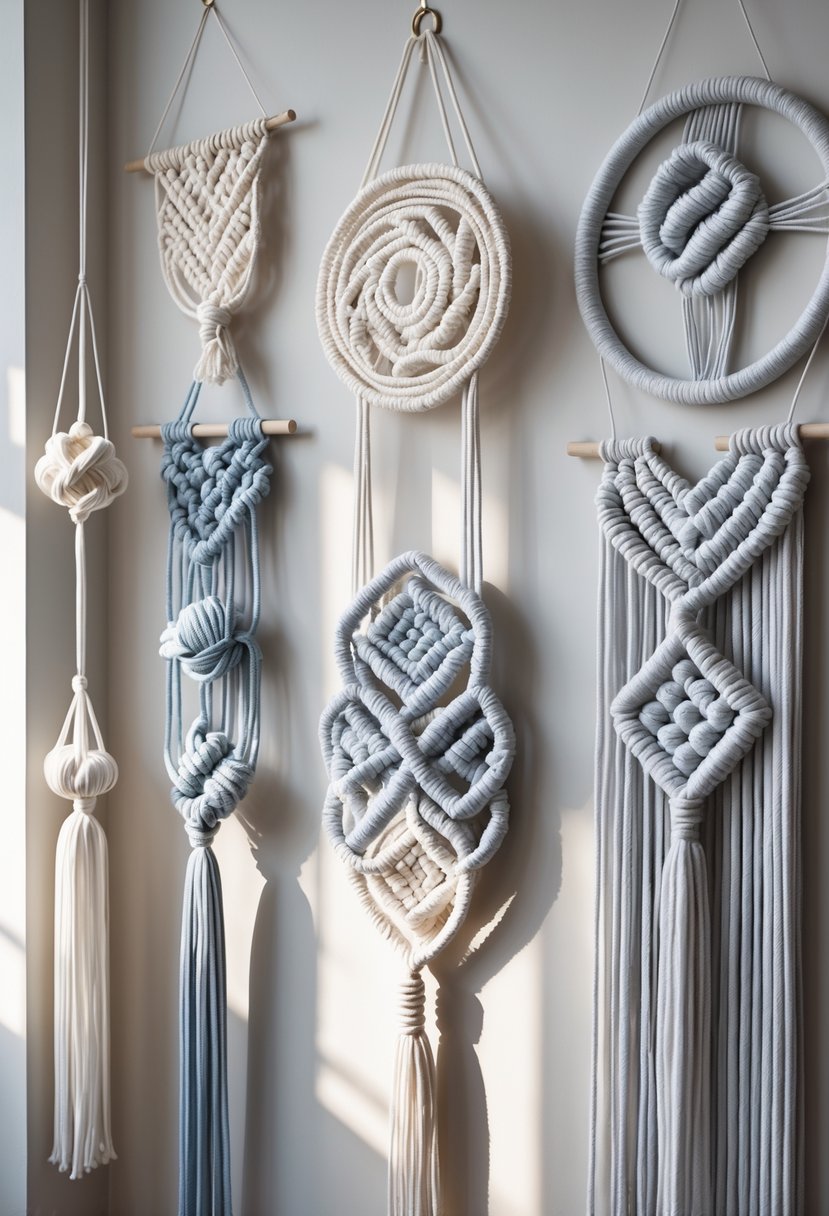 A collection of macrame wall hangings in soft winter colors displayed on a neutral background.