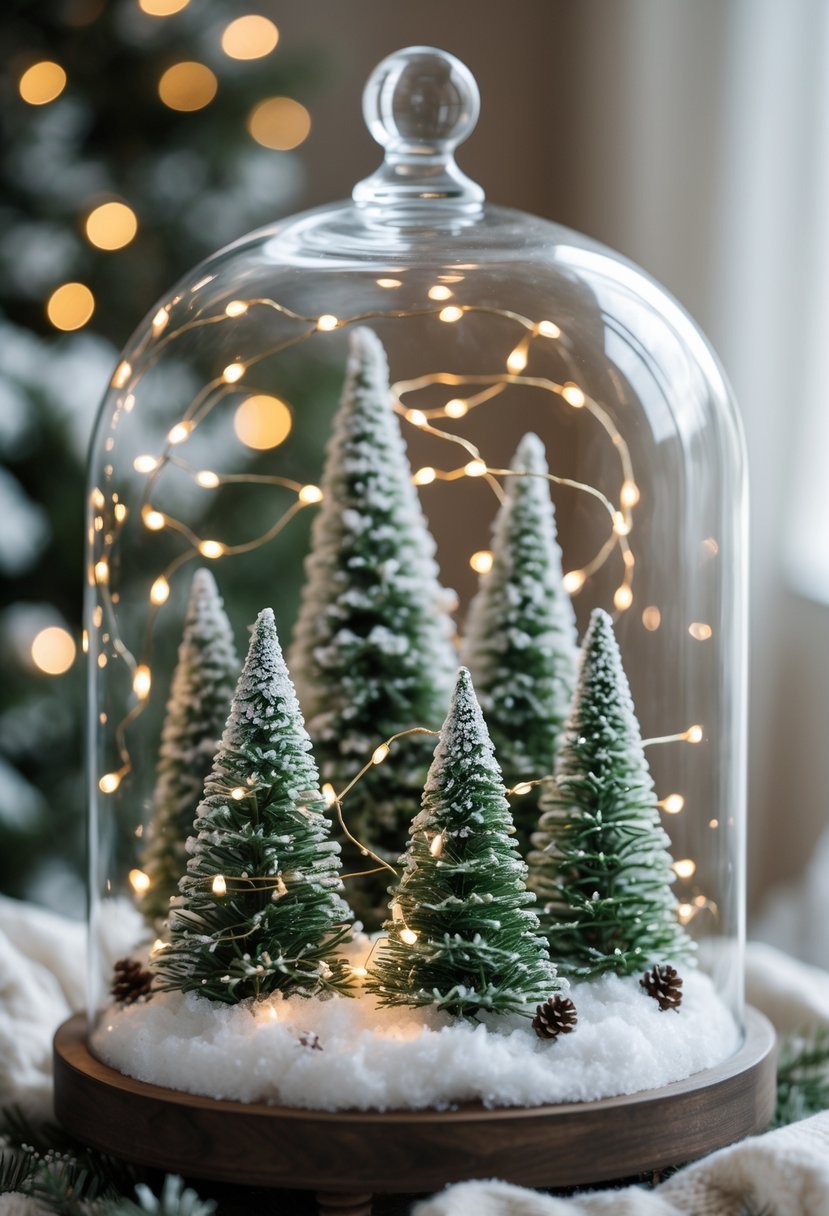 A glass cloche containing small Christmas trees with fairy lights and artificial snow, arranged as a winter centerpiece.