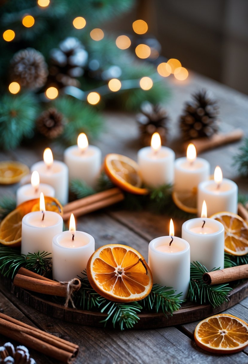 A circular arrangement of lit white candles surrounded by cinnamon sticks and dried orange slices on a wooden table with winter decorations in the background.