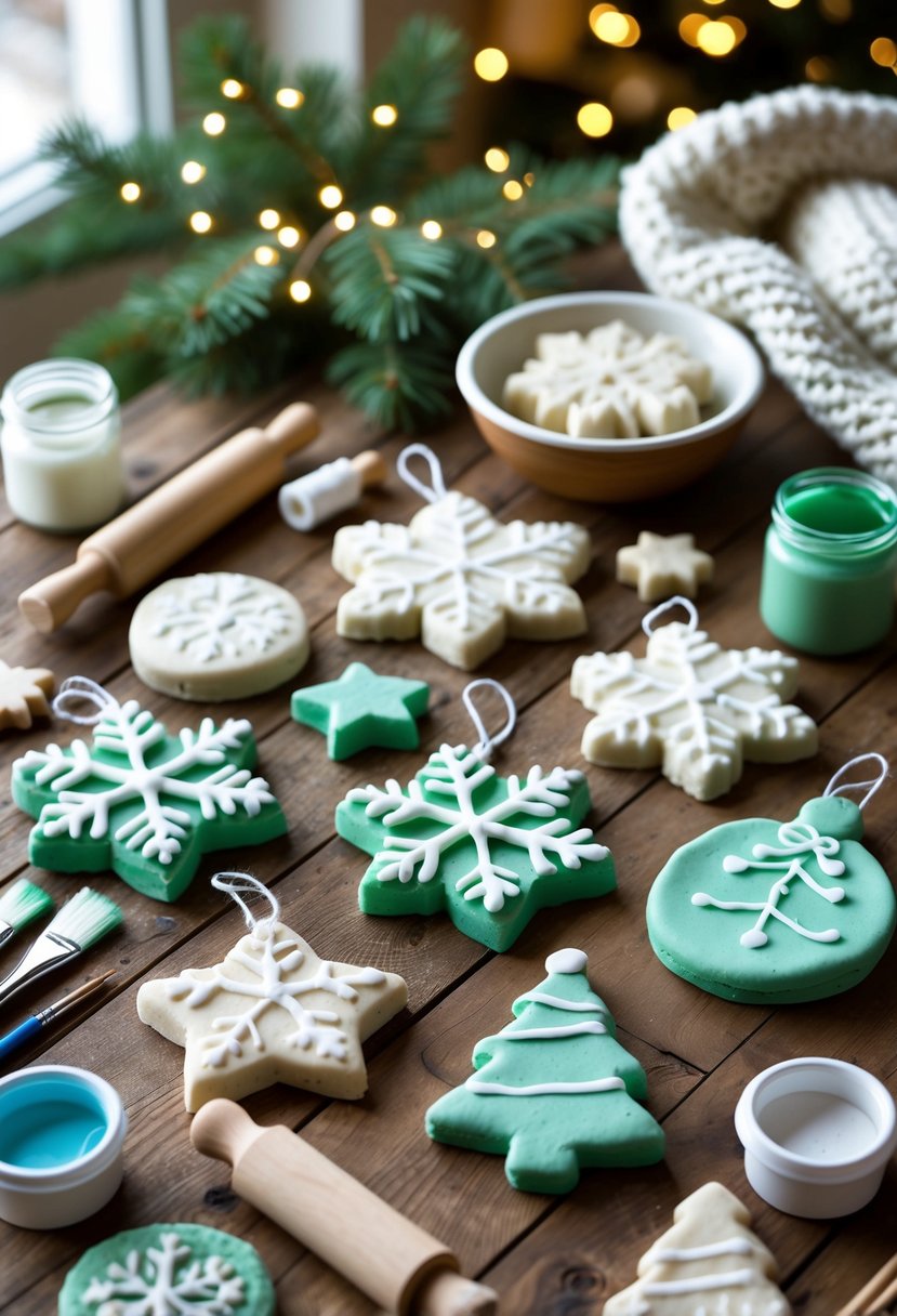 A table with handmade salt dough winter ornaments and craft supplies arranged for a kids' winter craft activity.