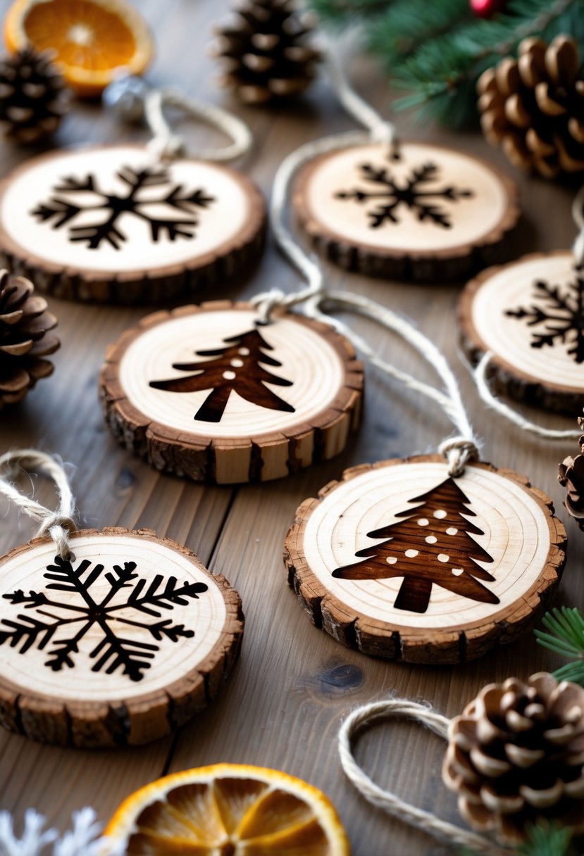 Wood slice ornaments with burned winter designs arranged on a wooden surface with craft materials nearby.